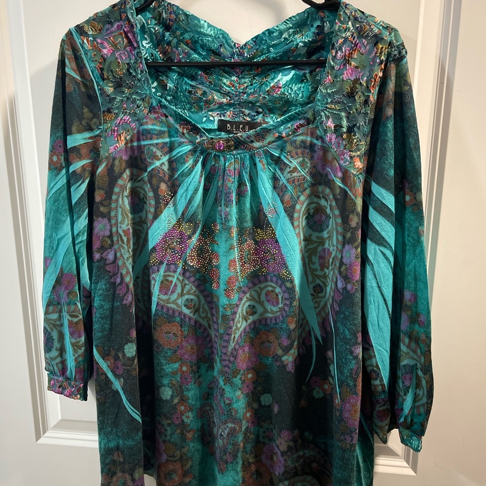 B.L.E.U. Teal Turquoise Paisley Tunic Top
